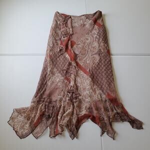 90s Y2K Fairy Grunge Whimsigoth Women M Brown Silk Paisley Wrap Ruffle Midi Boho